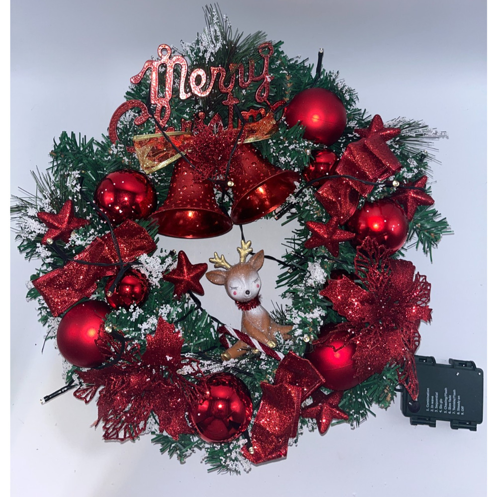 Pre Lit Merry Christmas Wreath with Twinkly Lights plus Reindeer Poinsettia Bell - Picture 8 of 16